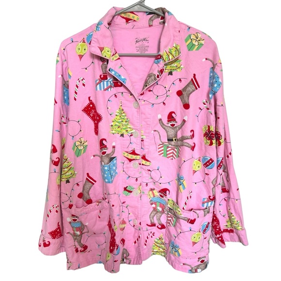 Nick & Nora Pajama Top Women Large Sock Monkey Christmas Tree Lights Button Down - Picture 1 of 4